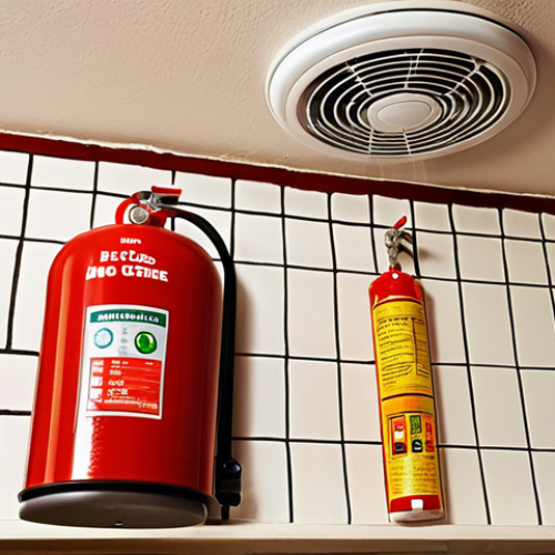 Home 4 **
A cozy French kitchen interior. Smoke detector prominently displayed on the ceiling. A modern mousse extinguisher is mounted on the wall. Focus on safety and prevention; make it inviting, not scary.
**