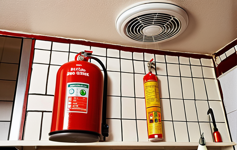 **
A cozy French kitchen interior. Smoke detector prominently displayed on the ceiling. A modern mousse extinguisher is mounted on the wall. Focus on safety and prevention; make it inviting, not scary.
**