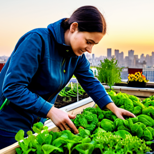 Home 14 A professional urban gardener, fully clothed in modest, practical outdoor attire, tending to thriving plants in a vibrant rooftop community garden. The garden features various raised beds with lush vegetables and herbs, set against a backdrop of a modern city skyline at sunset. The atmosphere is serene and productive, highlighting sustainable urban living. Safe for work, appropriate content, family-friendly, perfect anatomy, correct proportions, natural pose, well-formed hands, proper finger count, natural body proportions, professional photography, high quality.