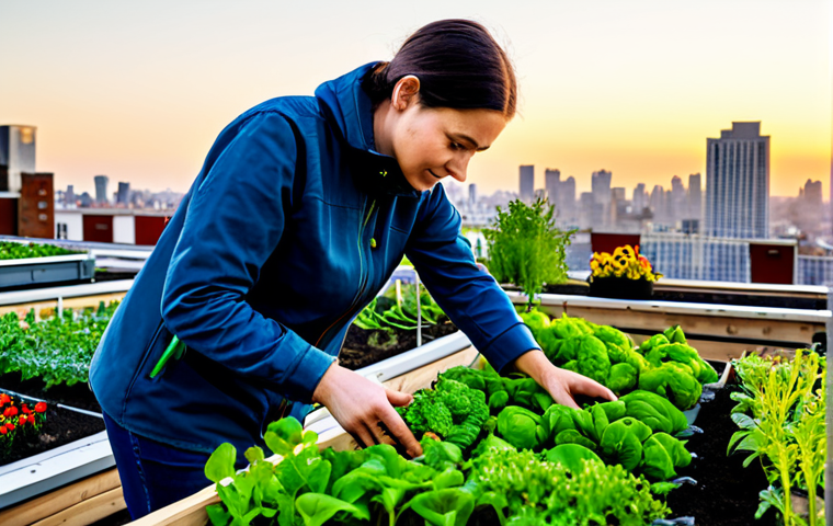 A professional urban gardener, fully clothed in modest, practical outdoor attire, tending to thriving plants in a vibrant rooftop community garden. The garden features various raised beds with lush vegetables and herbs, set against a backdrop of a modern city skyline at sunset. The atmosphere is serene and productive, highlighting sustainable urban living. Safe for work, appropriate content, family-friendly, perfect anatomy, correct proportions, natural pose, well-formed hands, proper finger count, natural body proportions, professional photography, high quality.