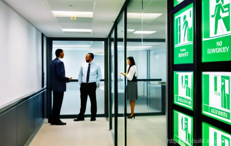 비상시 건물 대피 절차 - **Prompt 1: Calm Office Evacuation**
"A wide-angle shot inside a bright, modern office building ...