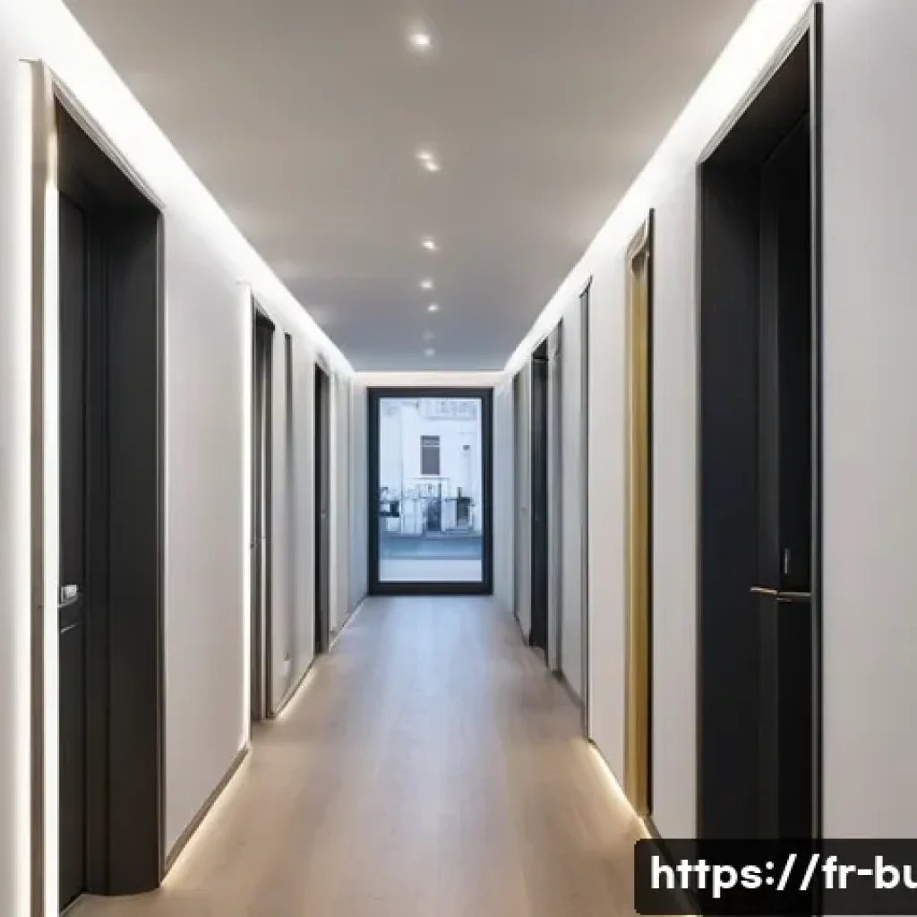 공동 전기 사용량 절약 - A modern French residential building’s communal hallway illuminated with energy-efficient LED bulbs,...