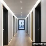 공동 전기 사용량 절약 - A modern French residential building’s communal hallway illuminated with energy-efficient LED bulbs,...