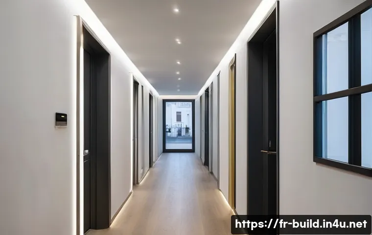 공동 전기 사용량 절약 - A modern French residential building’s communal hallway illuminated with energy-efficient LED bulbs,...
