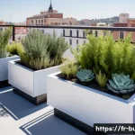 옥상 활용 방안 - A modern rooftop terrace garden in a Mediterranean style during daytime, featuring lightweight recyc...