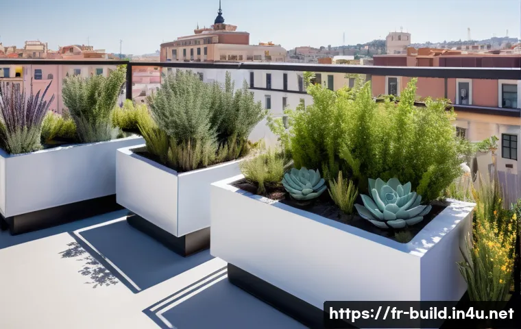 옥상 활용 방안 - A modern rooftop terrace garden in a Mediterranean style during daytime, featuring lightweight recyc...