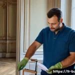 건물 하자보수 보증금 활용 - A detailed scene of a French residential renovation project, showing a professional contractor weari...