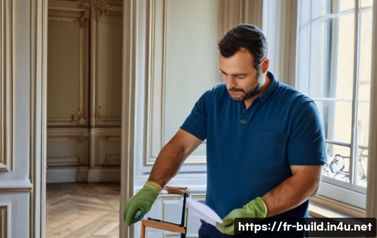 건물 하자보수 보증금 활용 - A detailed scene of a French residential renovation project, showing a professional contractor weari...