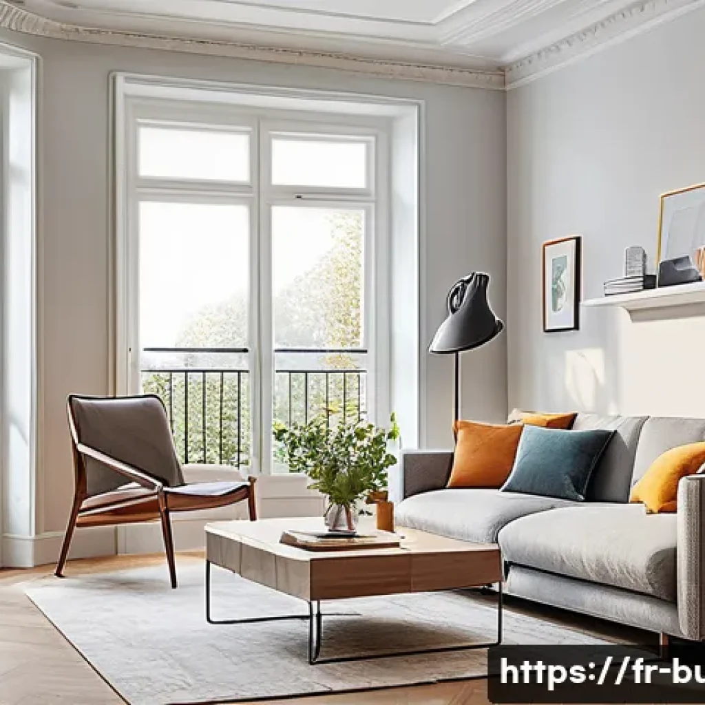 화재 경보기 설치 및 관리 - A modern French apartment living room showing a smoke detector installed on the ceiling near the cen...