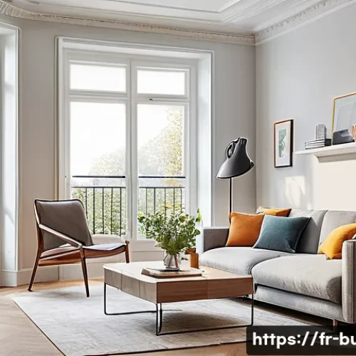 화재 경보기 설치 및 관리 - A modern French apartment living room showing a smoke detector installed on the ceiling near the cen...