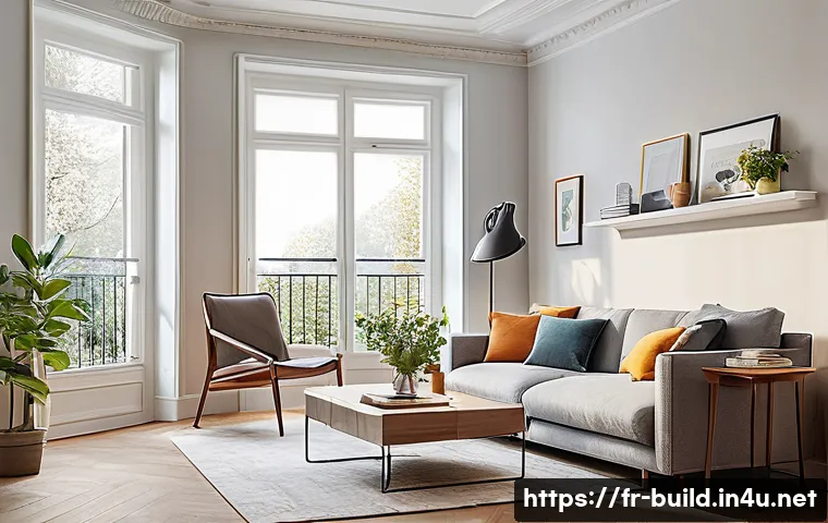 화재 경보기 설치 및 관리 - A modern French apartment living room showing a smoke detector installed on the ceiling near the cen...