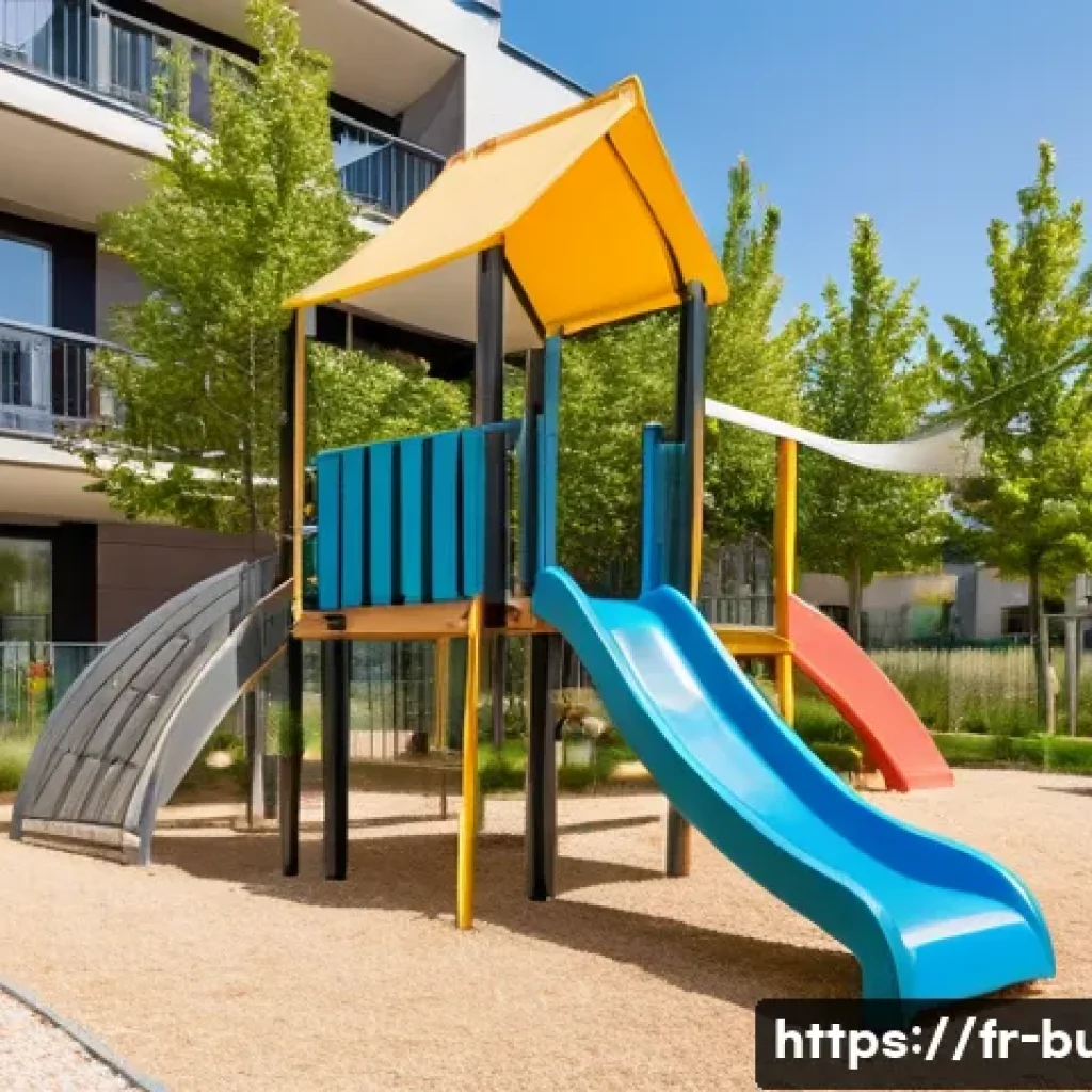 건물 내 어린이 놀이터 유지 - A vibrant, safe playground in a modern French apartment complex courtyard during a sunny day, featur...