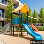 건물 내 어린이 놀이터 유지 - A vibrant, safe playground in a modern French apartment complex courtyard during a sunny day, featur...