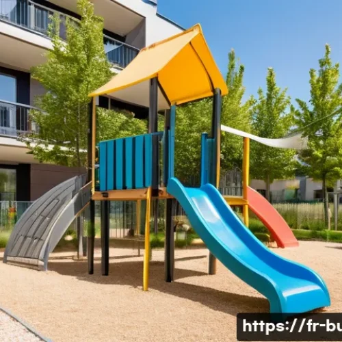 건물 내 어린이 놀이터 유지 - A vibrant, safe playground in a modern French apartment complex courtyard during a sunny day, featur...