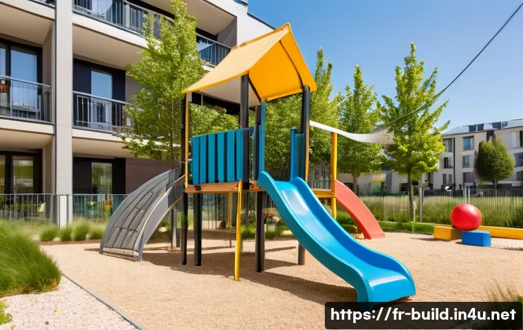 건물 내 어린이 놀이터 유지 - A vibrant, safe playground in a modern French apartment complex courtyard during a sunny day, featur...