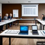 장기수선충당금 사용 규정 - A detailed illustration of a modern French condominium meeting room during an assembly general, show...