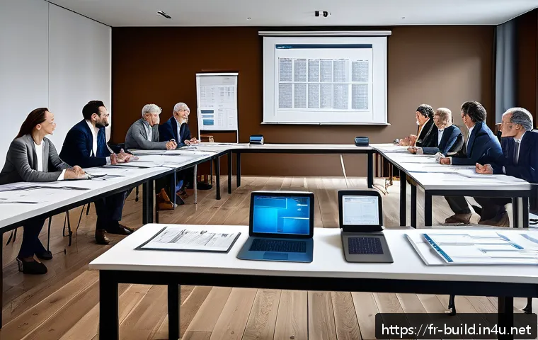 장기수선충당금 사용 규정 - A detailed illustration of a modern French condominium meeting room during an assembly general, show...