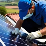 태양광 설비 유지보수 비용 - A professional solar panel technician wearing a branded uniform and safety gear, inspecting and clea...