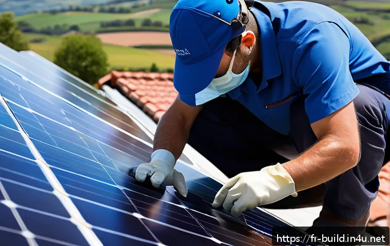태양광 설비 유지보수 비용 - A professional solar panel technician wearing a branded uniform and safety gear, inspecting and clea...