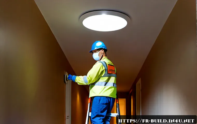 공용부 조명 교체 방법 - Photorealistic apartment building corridor in France, a qualified maintenance worker wearing clean w...